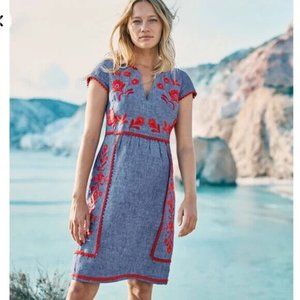 Boden Bea Chambray Blue Linen Dress with Red Embroidery Size 16